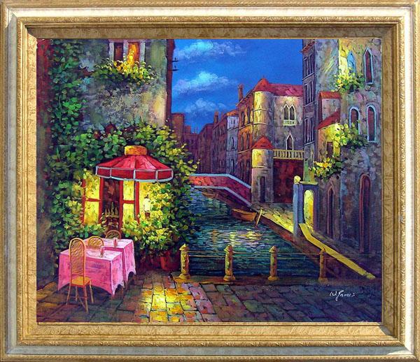  ART FRAMED OIL PAINTING ANTIQUE EUROPEAN CAFE SIGNED
