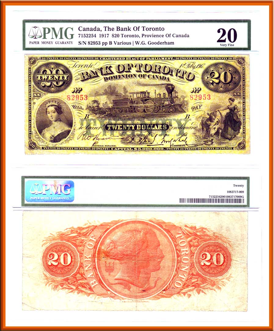 $20 1917 Bank of Toronto. Scarce & Desirable. PMG VF20