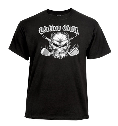 This heavy duty, top quality t-shirt features a large Tattoo Golf skull 