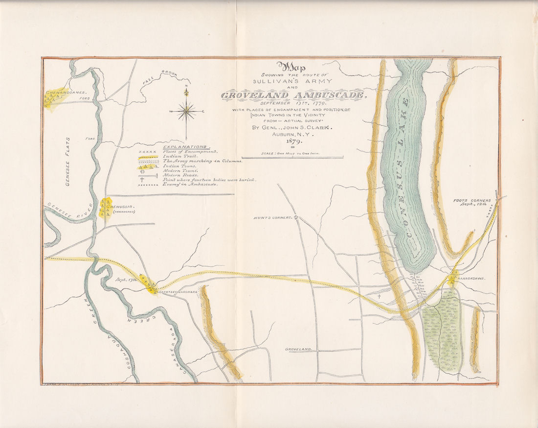 Map John Sullivan Groveland Ambuscade NY 1779 Revolutionary War Lake