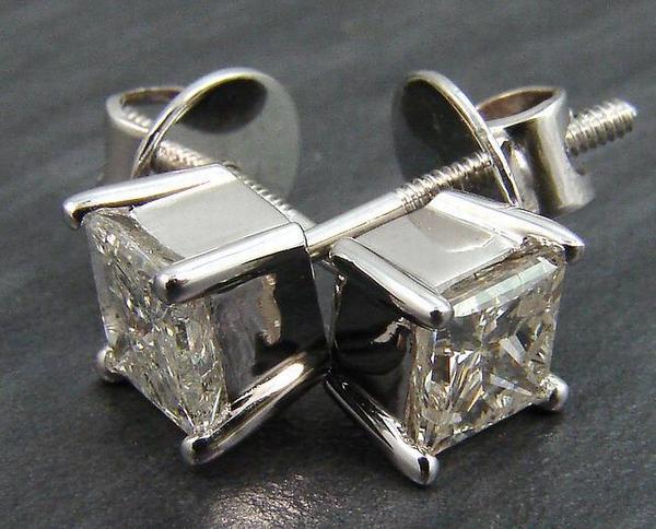 1.23 ct PRINCESS DIAMOND 14K WHITE GOLD STUDS EARRINGS
