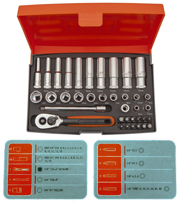 Bahco 35 Pce 1/4" Mini Ratchet Hex DEEP/LONG Socket & Screwdriver Bit Set SL25L