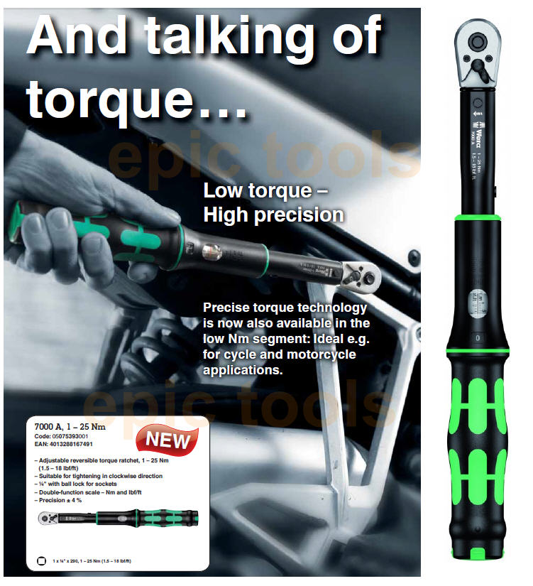 WERA 1/4" Calibrated Torque Wrench Spanner,1 To 25Nm For Bike/Cycle