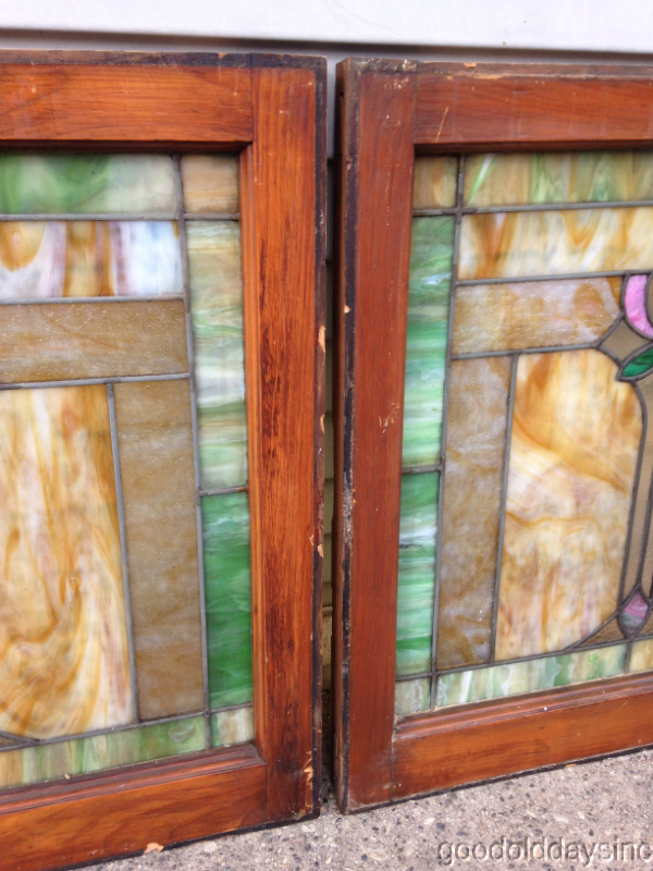 Wonderful Pair of Antique Stained Glass Windows From Chicago 25" tall x