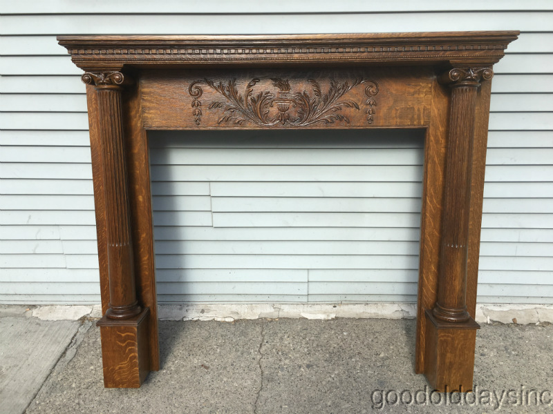 Beautiful Antique Carved Quarter Sawn Oak Fireplace Mantel Circa 1900