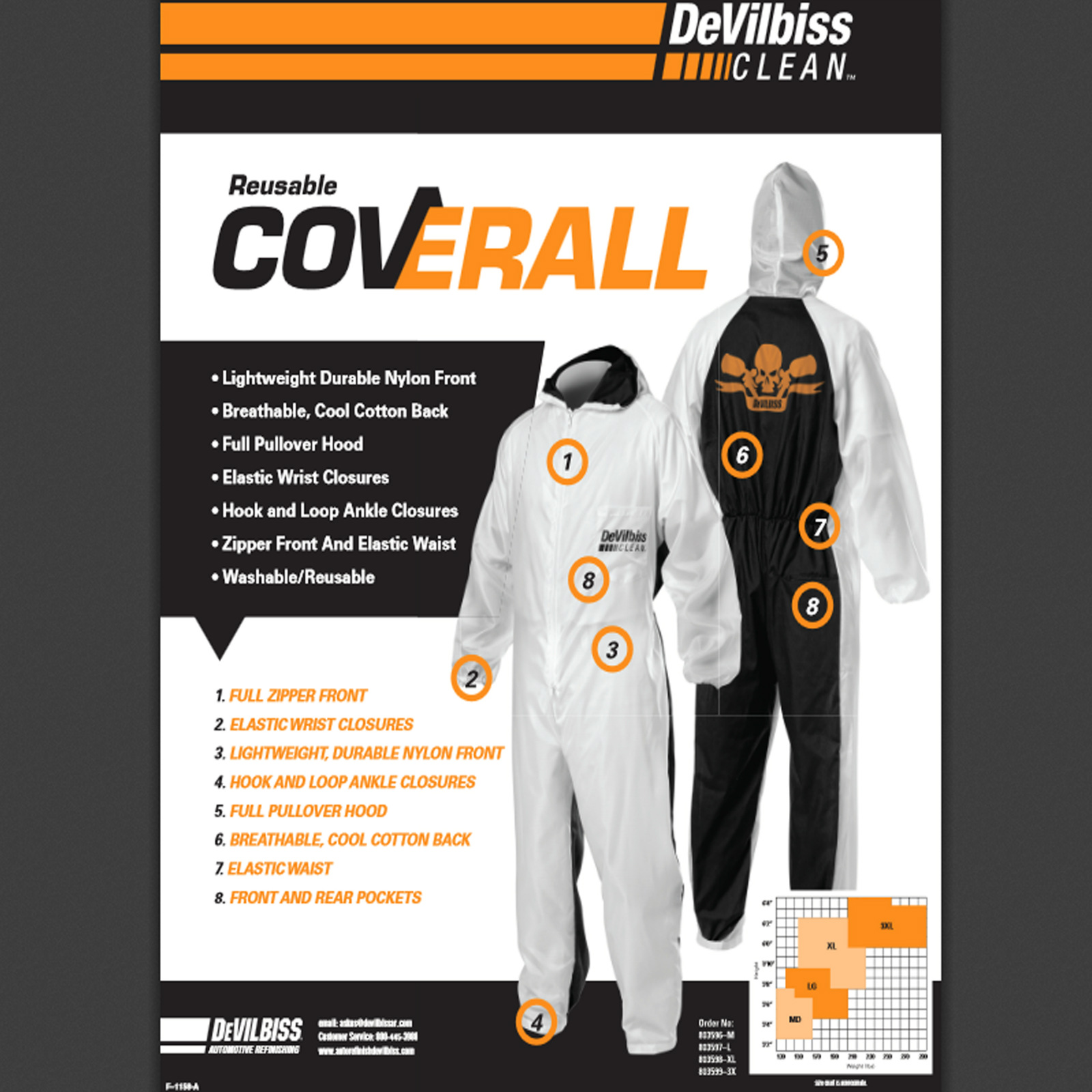 DEVILBISS REUSABLE XL COVERALL SPRAY PAINT SUIT COTTON BACK WITH HOOD