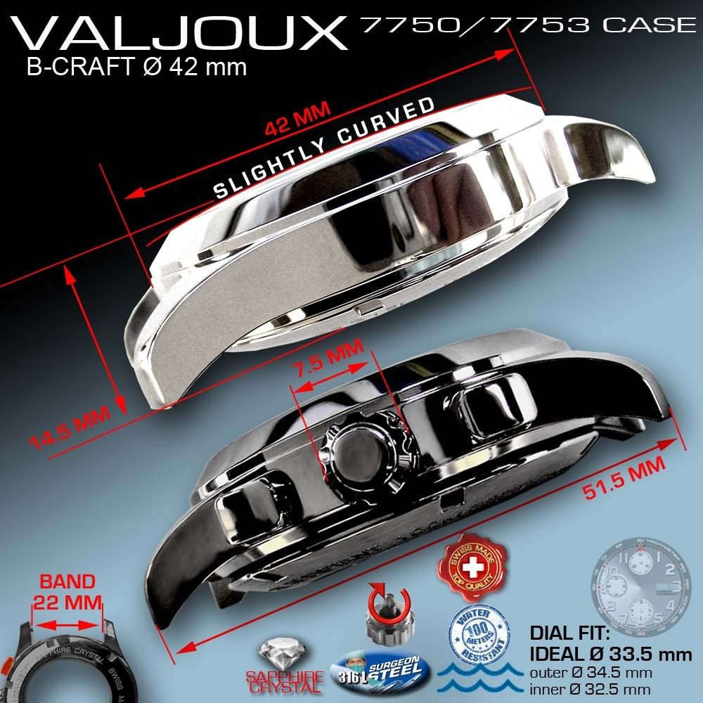 WATCH CASE FOR MOVEMENT ETA VALJOUX 7750, ST. STEEL 316L, SAPPHIRE CRYSTAL , BLINE WATCH AG