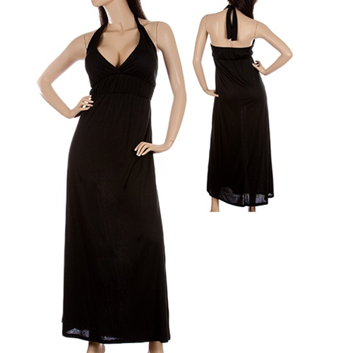 Plus size black halter dress with plunging neckline