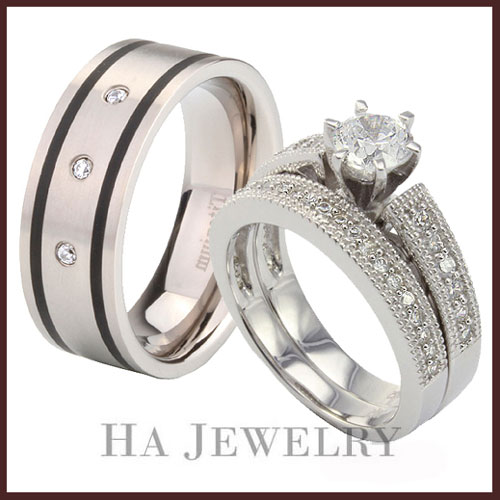His Her CZ Titanium Silver Round CZ Wedding Ring Set Price 4499