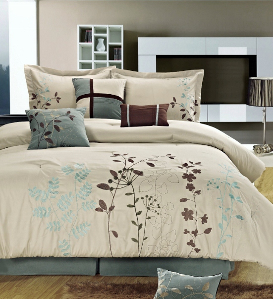 8pc ivory blue brown leaf print comforter set queen king 8pc ivory blue brown leaf print comforter set queen king