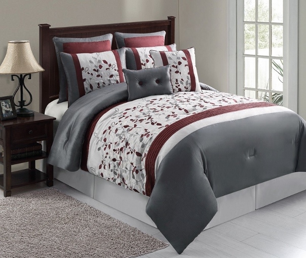 ... Silver/Maroon/ Gray Floral Embroidered Comforter Set Full Queen King