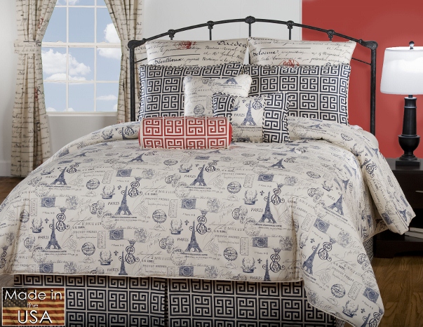 ... Royal & Navy Blue/Coral Romantic Paris City Design Comforter Set Queen