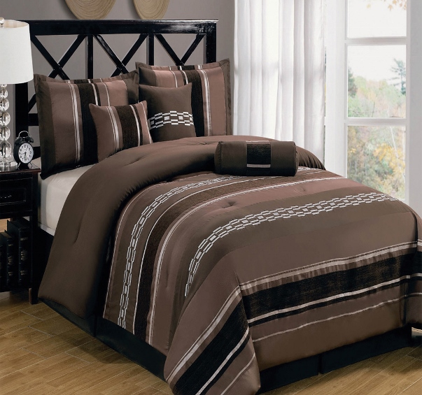 7pc Coffee/Chocolate Pintuck Striped Comforter Set Full Queen King Cal