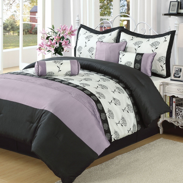 7pc white black purple pieced floral embroidered 7pc white black purple pieced floral embroidered