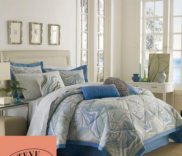 7pc Steve Madden Blue Silver Grey Swirl Design Cotton Comforter
