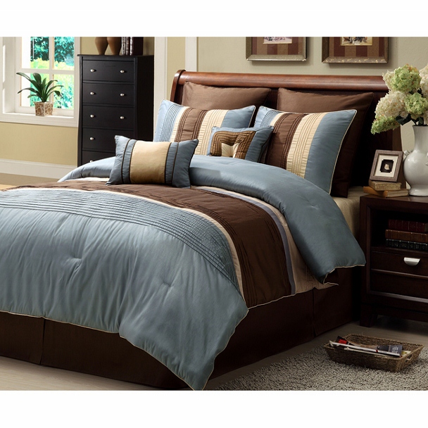 8pc Chic Blue Brown Striped Design Comforter Set King | eBay