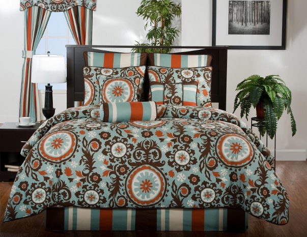 9pc Sky Blue/Chocolate/Rust Modern Design Comforter Set Full 9pc Sky Blue/Chocolate/Rust Modern Design Comforter Set Full