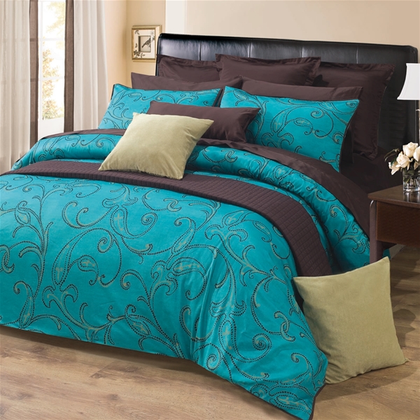 3pc Turquoise Dark Brown Paisley Design 300TC Cotton Duvet Cover Set ...