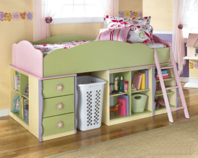 Sustainable Wood Furniture on Furnituremail   Doll House Pink Green Wood Storage Twin Loft Bed Chest
