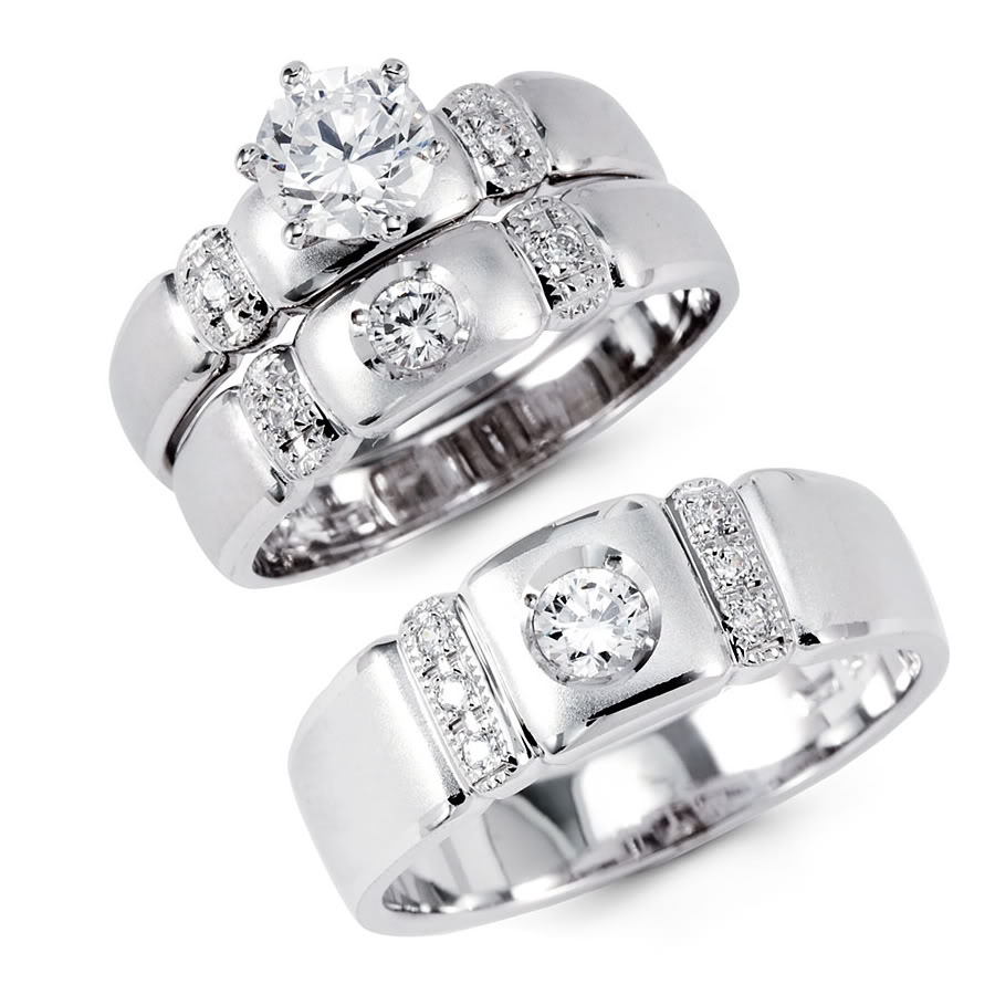 14K Solid White Gold CZ Engagement Wedding 3 Ring Set