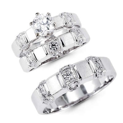 14K Solid White Gold CZ Engagement Wedding 3 Ring Set