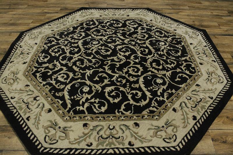 Hand Tufted Of Black Floral Octagon Shape 8x8 Oushak Oriental Rug Wool