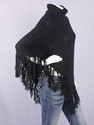 Black Fringes Cable Knit Turtle Neck Poncho M