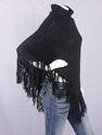 Black Fringes Cable Knit Turtle Neck Poncho M
