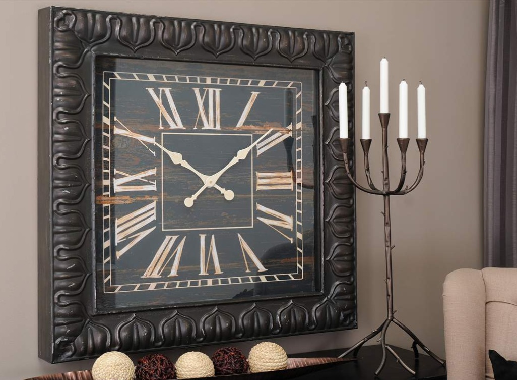 New Large ANTIQUE BROWN Finish IRON SQUARE WALL CLOCK Shabby