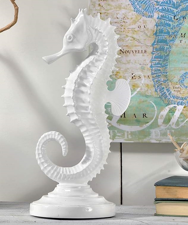 12" Ceramic WHITE SEAHORSE STATUE Beach Home Decor Tropical Figure Sculpture Art
