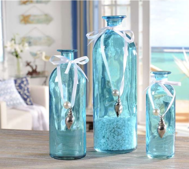 New 3 Pc Sea Blue Glass Bottle Vase Set Silver Seashell Beads Coastal Home Decor Ebay 4701