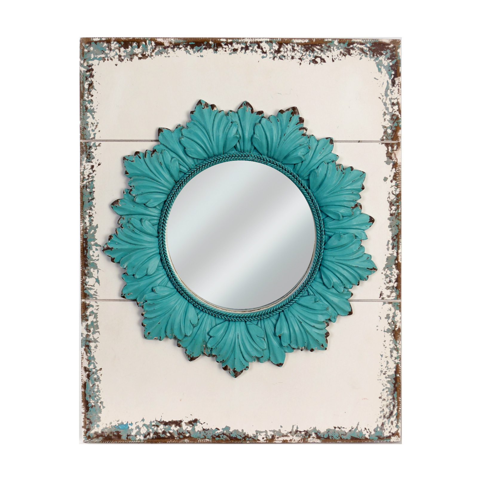New Vintage Distressed Turquoise Wd Wall Mirror Floral Shabby Chic