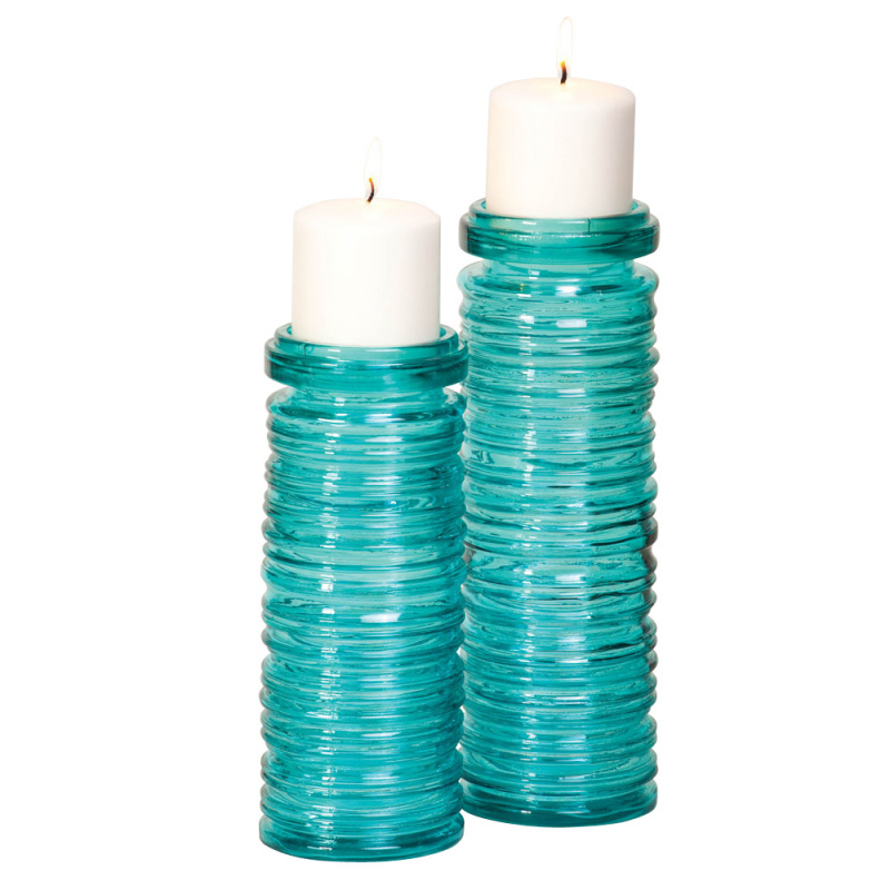 New 2PC Turquoise Recycled Glass Cylinder Ring Pillar Candle Holders
