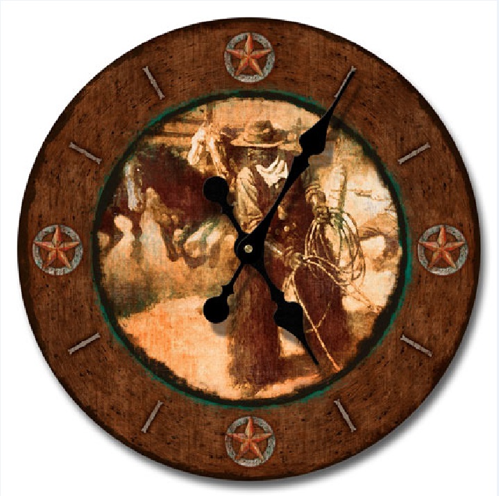 New COWBOY & HORSE WALL CLOCK Western Decor Hanging Art Brown Sepia