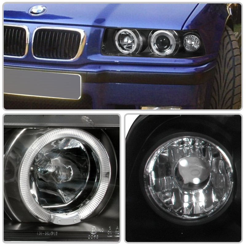 9298 BMW E36 2DR Coupe Angel Eye Halo Projector Headlights + HID Kit Blac