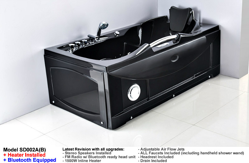 60" BLACK BATHTUB JETTED WHIRLPOOL Hydrotherapy 19 Massage Air Jets