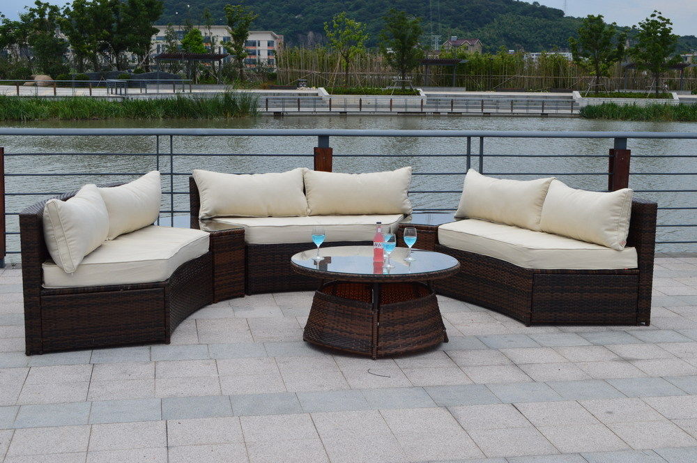 6 SEAT CURVED OUTDOOR PATIO FURNITURE SET 9 Ft PE Wicker Sunbrella