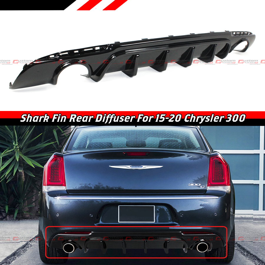 For 15 21 Chrysler 300 Glossy Black Dual Exhaust Shark Fins Rear Bumper