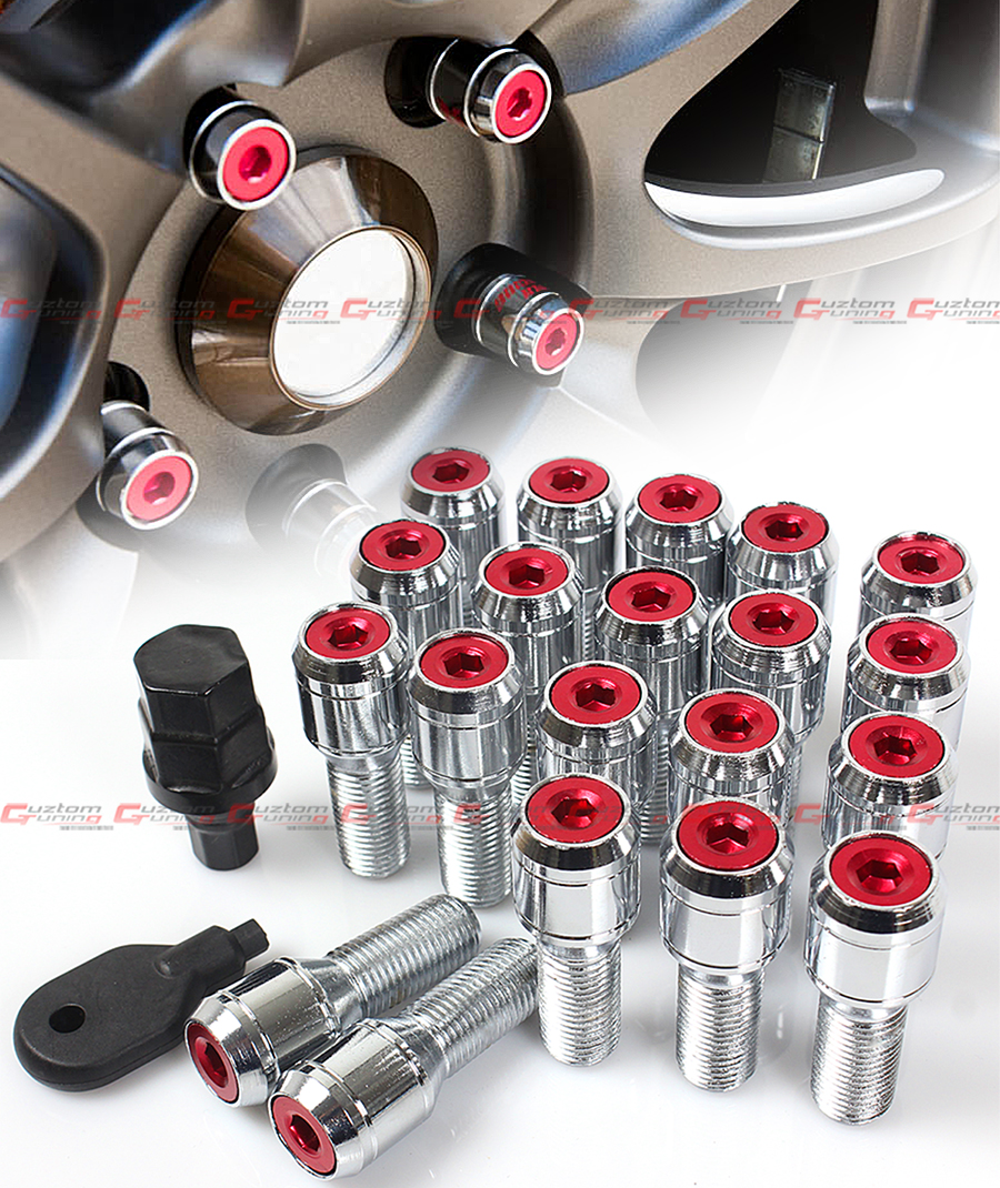 20 Pcs M14 X 1.5 Red Wheel Lug Nut Bolts With Security Caps +Key+Socket