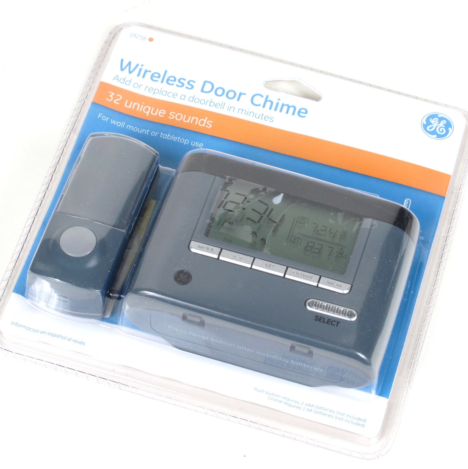 GE Wireless Door Chime 32 Unique Sounds/Clock/Thermometer Black 19238