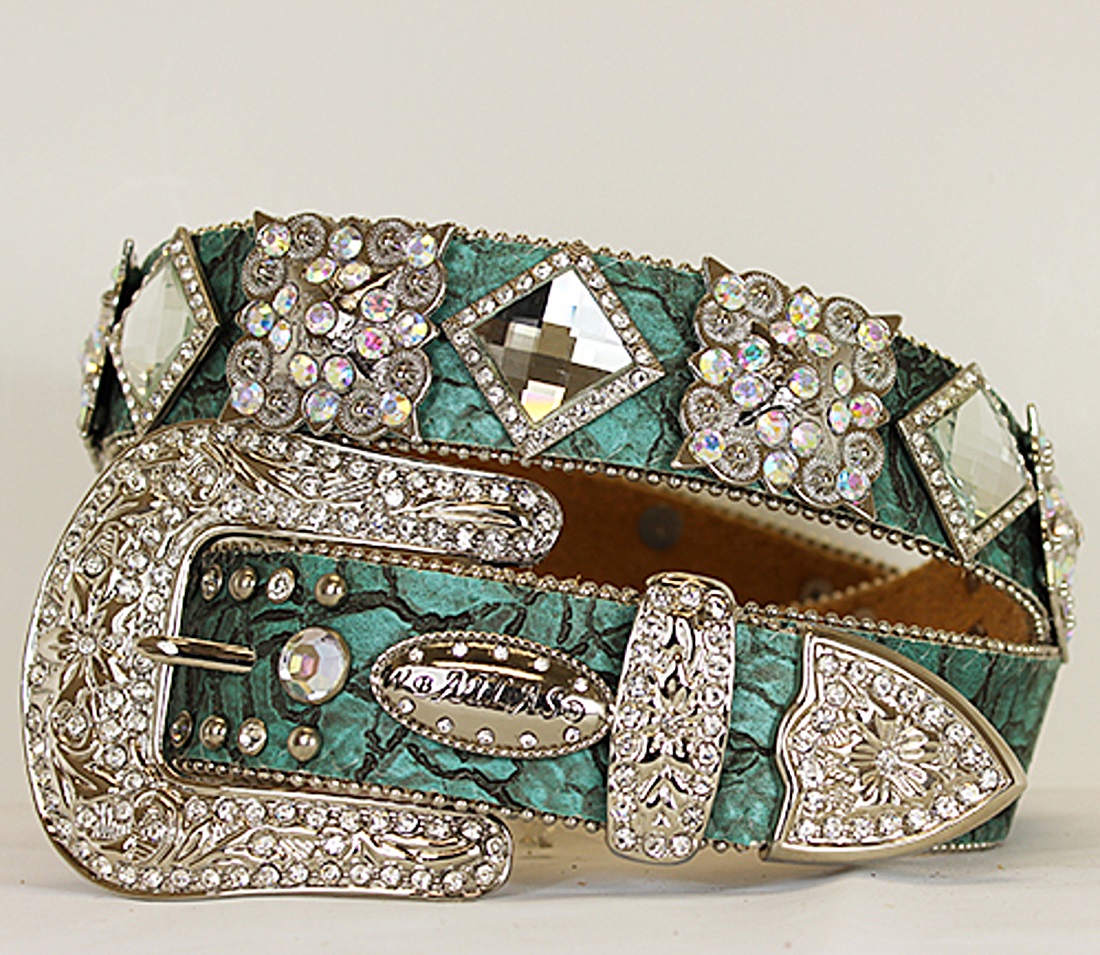 Atlas Western Womens Leather Belt Rhinestones Concho Blue Turq