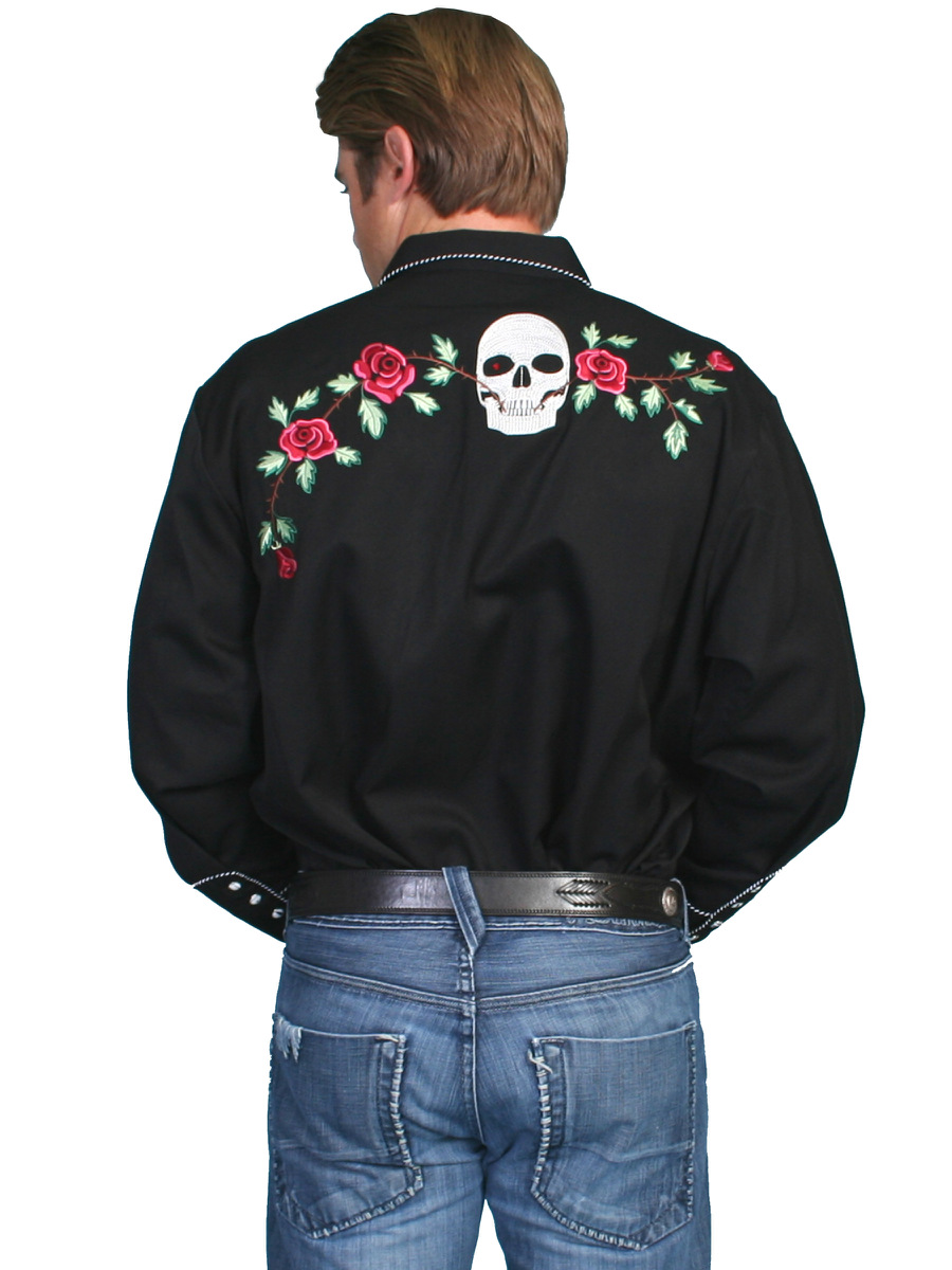 Scully Mens Embroidered Western Shirt Black Skulls & Roses P771 S M L