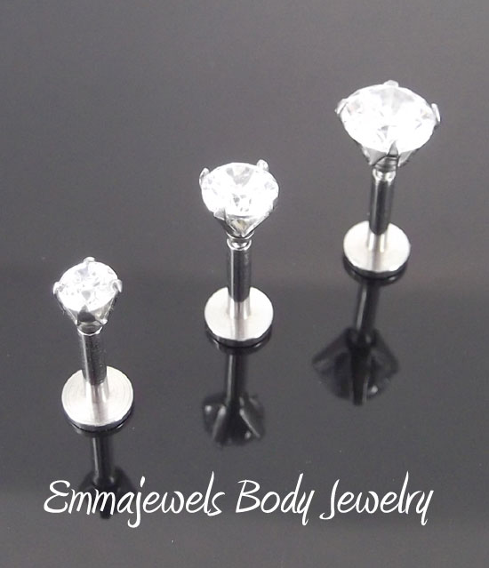 3, 4 or 5mm Prong Set CZ 16G Tragus Ear TRIPLE HELIX Piercing Stud Bar