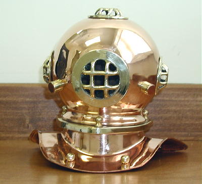 8.5" Tall Copper Diving Helmet W 4 Glass Ports Nautical