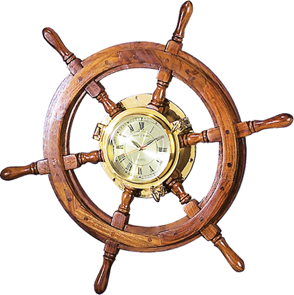 26" Solid Wood Shipwheel Porthole Brass Clock Nautical
