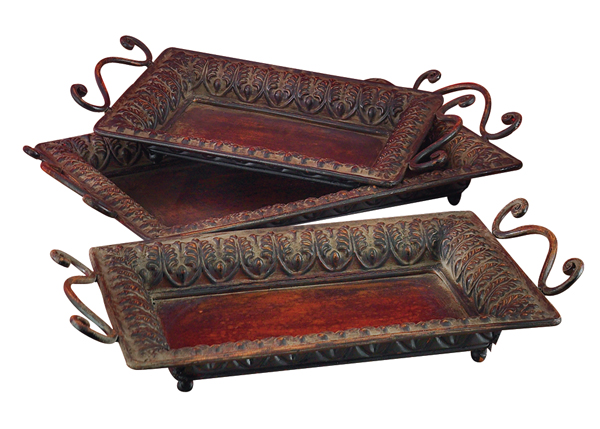 Set / 3 Rustic Metal Trays With Side Handles