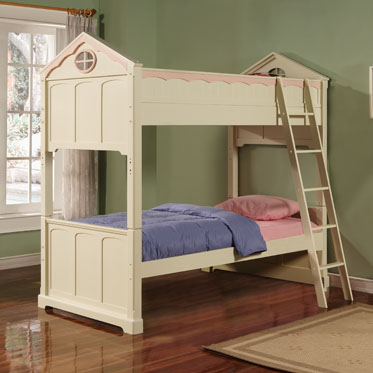 Doll House Twin Antiqued White & Pink Twin Bunk Bed - 292-037