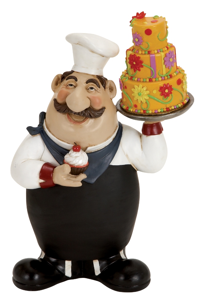 Chef Holding 3 Tier Cake And Cupcake 13"Hx9"W.