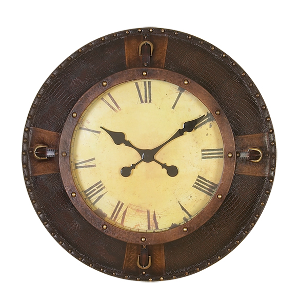Round Wall Clock in Leather on Wood 26".
