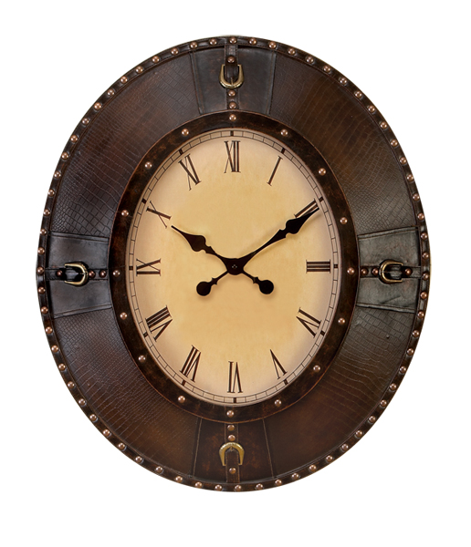 Oval  Wall Clock in Leather on Wood  28".